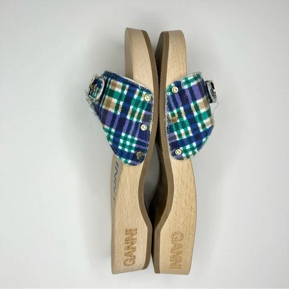 GANNI x Dr. Scholl's Blue Plaid Buckle Wooden Clog Slides Sandals Retro NEW - Picture 6 of 14